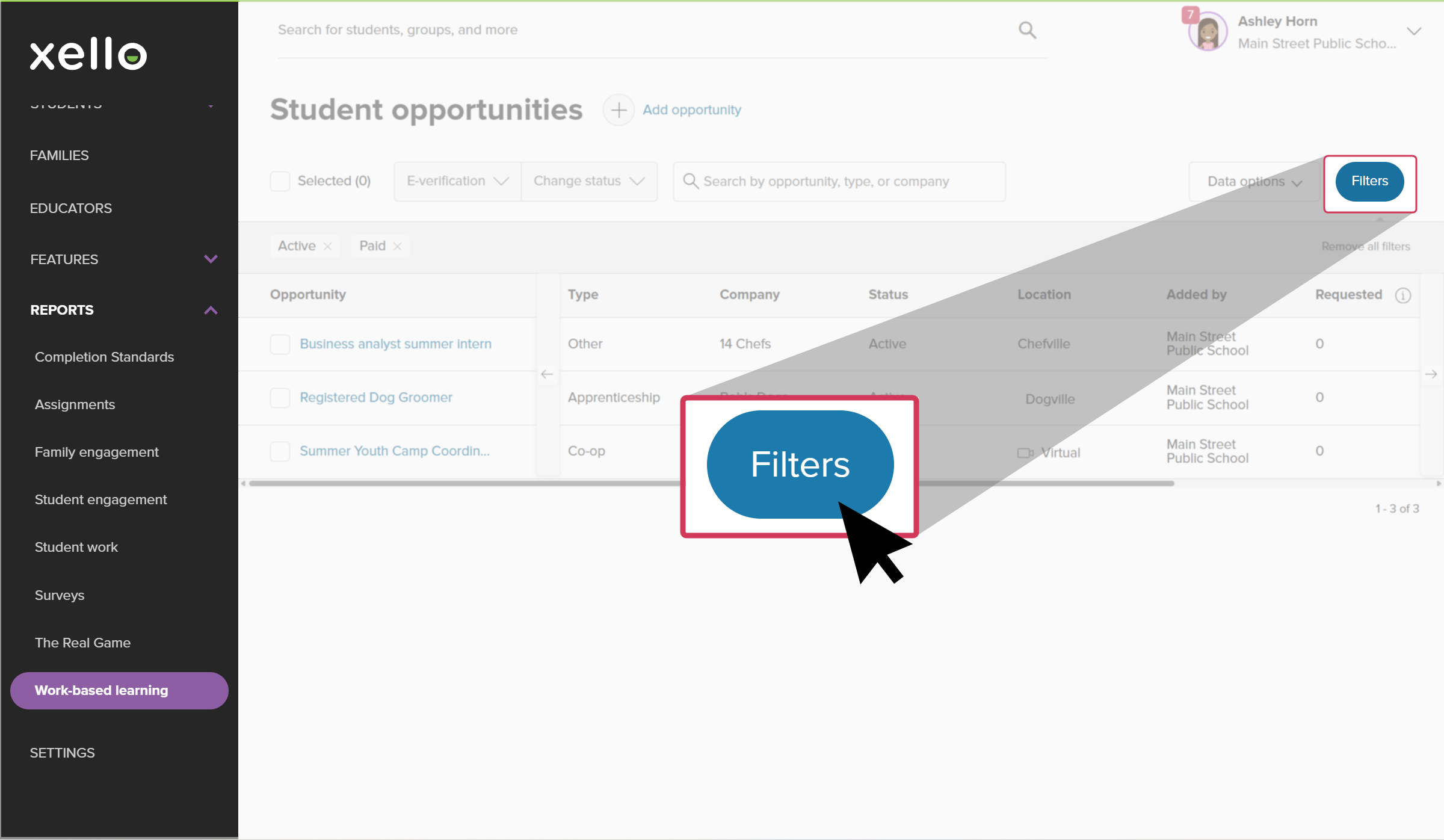 Student opportunities report is open. The cursor is clicking the Filters button.